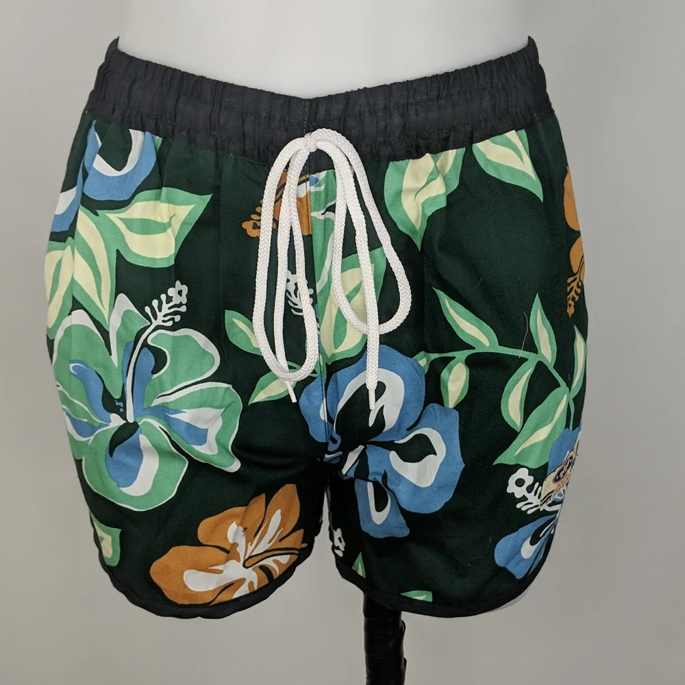 Women's Shorts Size Small Green Hawaiian Print Black Trim Elastic Waist Tie-up - Picture 2 of 8